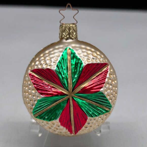 Inge Glas Round Indent Poinsettia German Glass Christmas Ornament 2.5" - Picture 1 of 6